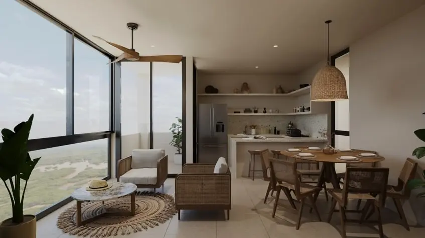 Una sala y un comedor con una cocina y vista a la ciudad en Dorada