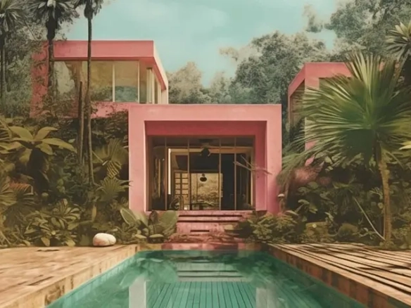 Fachada de una casa rosa en Sanctuary Tulum