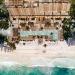 Vue aérienne du bâtiment en bord de mer à Boga Telchac, Puerto Yucatán