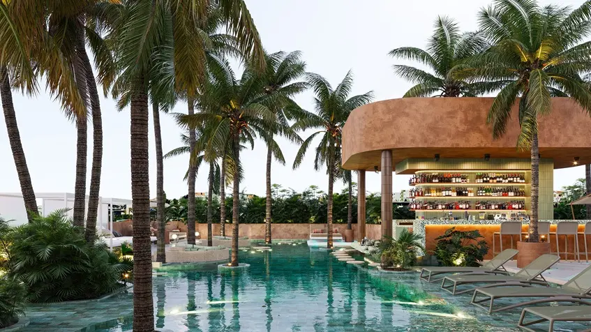 Pisicina con camastros Solar Midtown Playa del Carmen