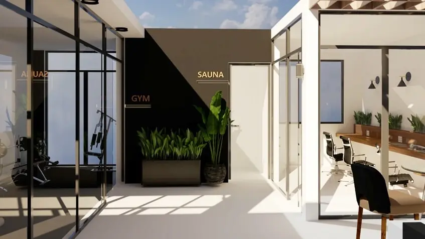 Un area de terraza con sauna y gimnasio en Black Savage Playa del Carmen
