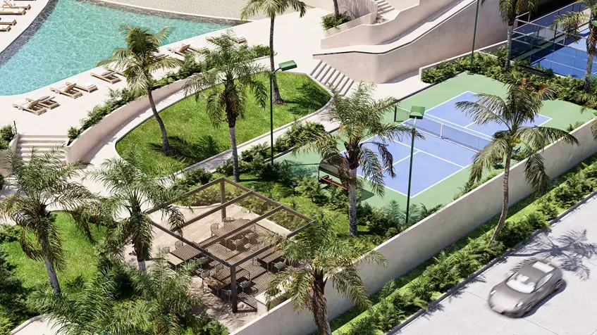 Vista aérea de las canchas Vellmari Grand Living Puerto Cancún.