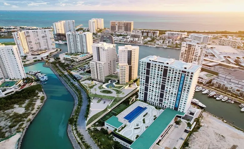 Aerial view of buildings in the Vellmari Puerto Cancun Grand Living areas
