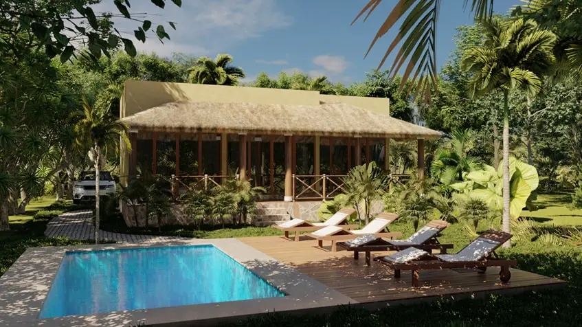Una casa estilo tulum con una alberca y camastros en Villas Cercle Tulum