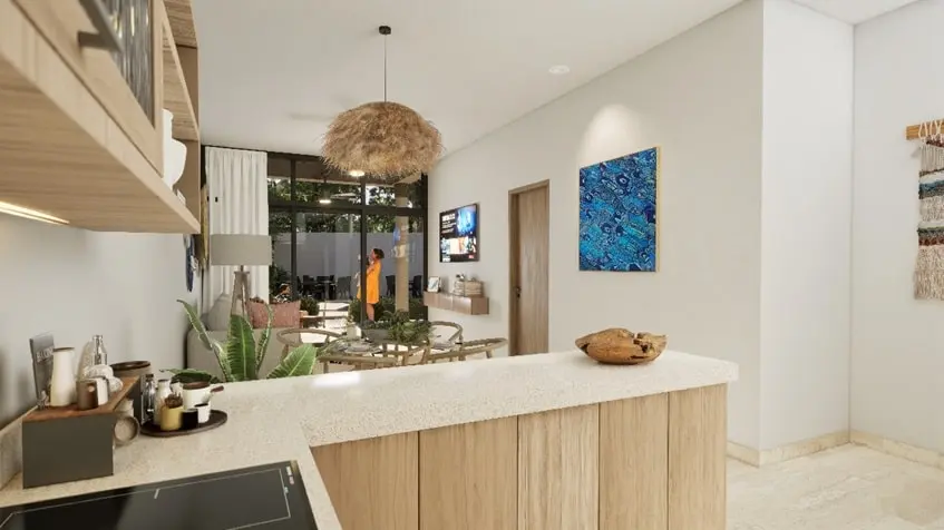 Una cocina integral con vista a la alberca en Najau Telchac