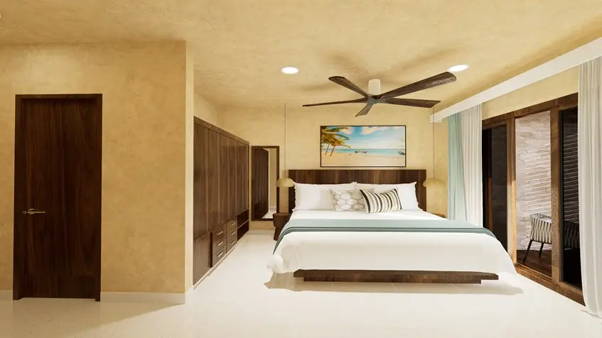 Una recamara principal con closets de madera en Villas Cercle Tulum