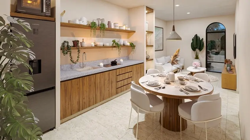Una cocina integral con una sala en Co Tulum