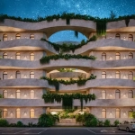 Fachada frontal en la noche de un edificio en co tulum