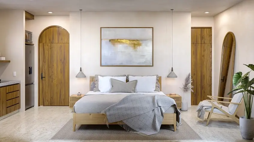 Una recamara con una cama king size y una cocina en Co Tulum