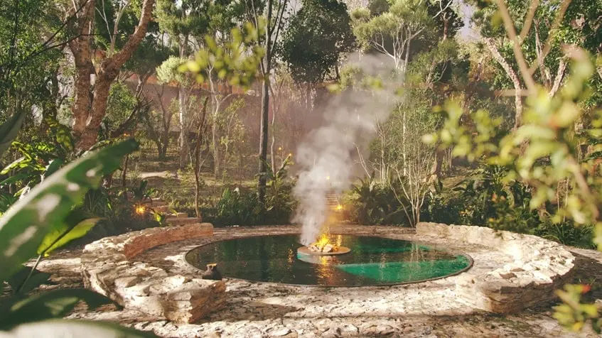 Un area de fogateros con jardines en Entreselvas Merida