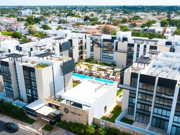An aerial view of apartment towers in Villas del Sol Merida