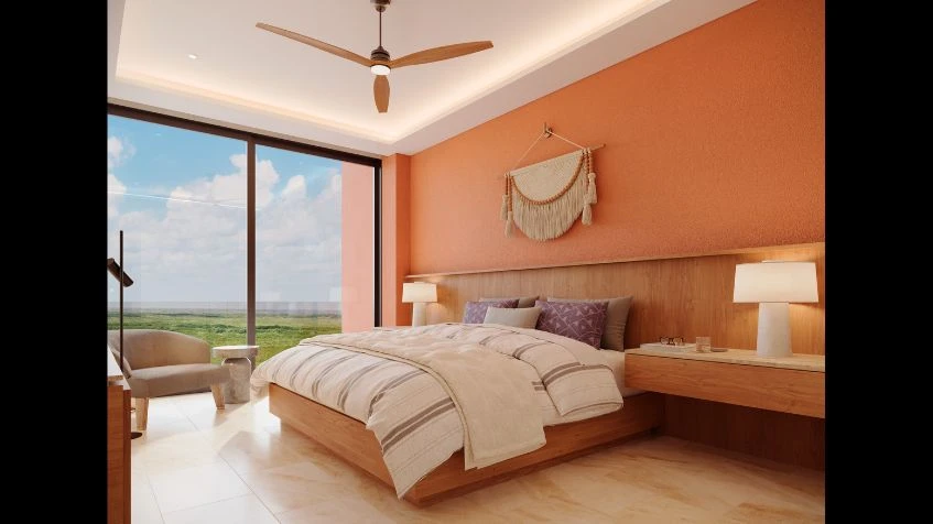 Interior recamara con vista al manglar en Mistral Condos Costa Mujeres Cancun