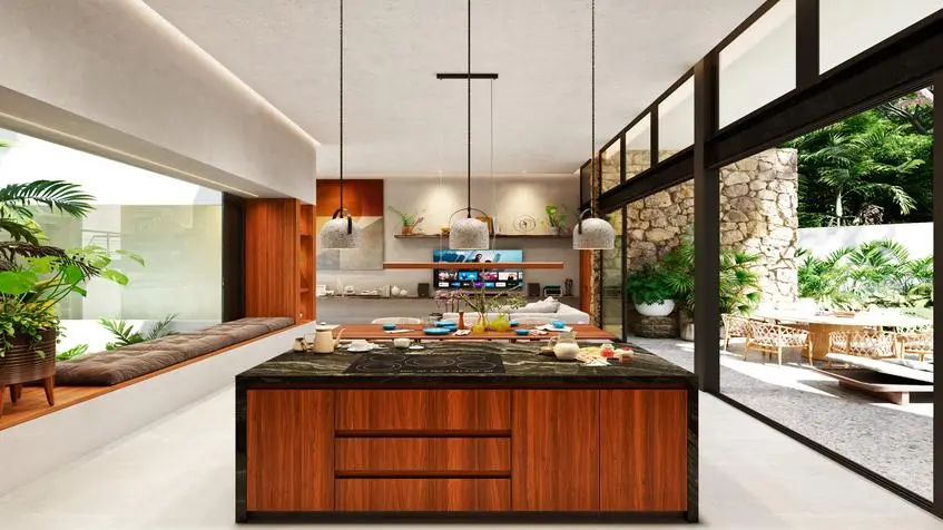 Cuisine avec salle à manger de la villa Casa Bakal Tulum