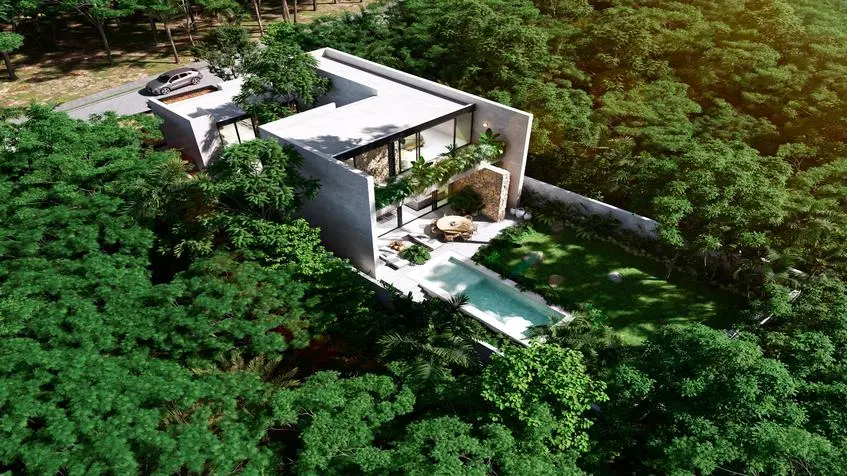 Vue aérienne de la façade arrière de la villa Casa Bakal Tulum