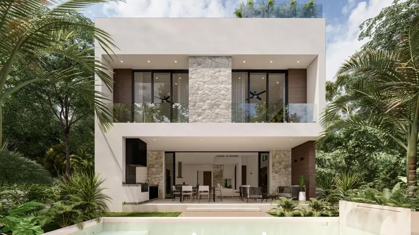 Fachada posterior de la Casa Tortuga en Villas Tulum Country Club