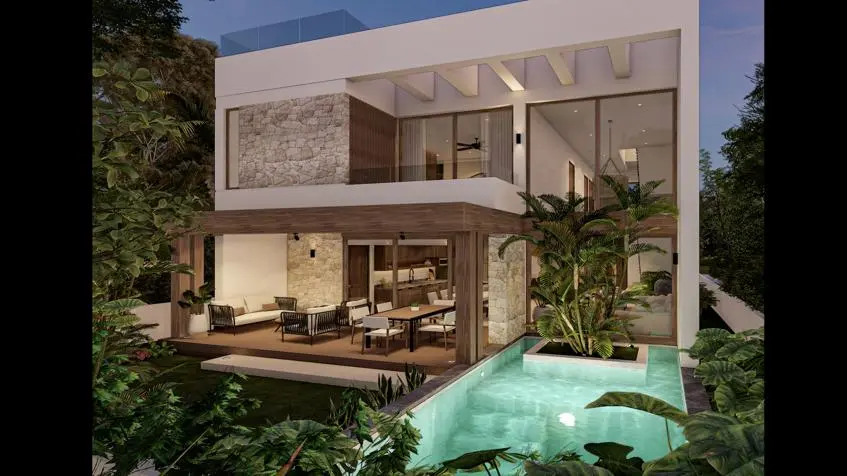 Fachada posterior de la Villa Tucán en Villas Tulum Country Club
