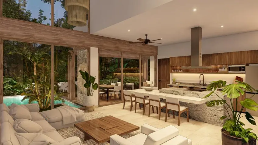 Sala y comedor de la Villa Tucán en Villas Tulum Country Club
