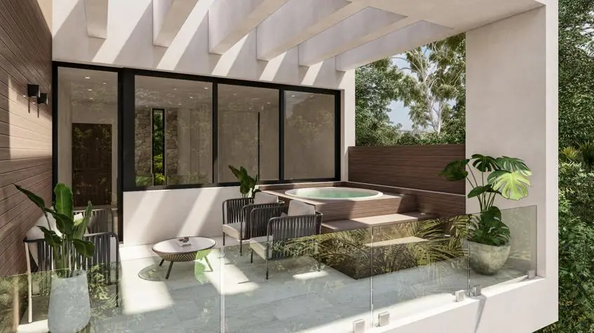 Terraza con plunge pool de la Villa Iguana en Villas Tulum Country Club