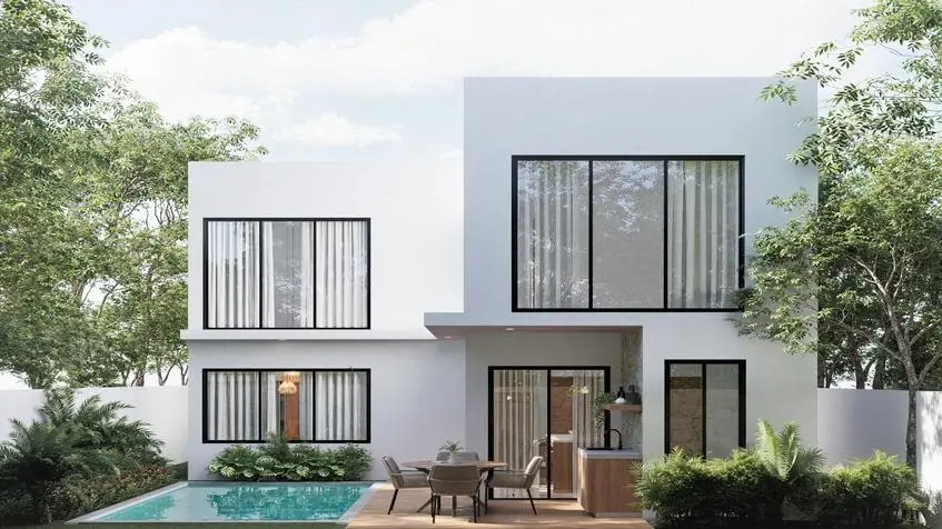 Fachada posterior Modelo Yaxche Balche Villas Tulum con Alberca