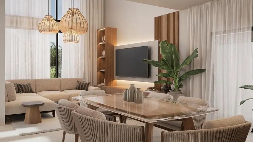 Comedor con sala en modelo Ceiba Balche Villas Tulum Country