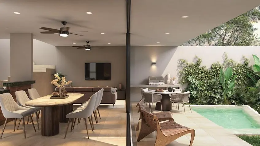 Salle à manger avec piscine à Rosamora Merida Conkal