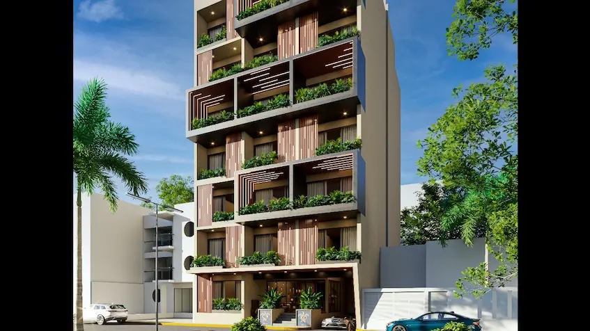 Fachada lateral en Mila Condos Playa del Carmen