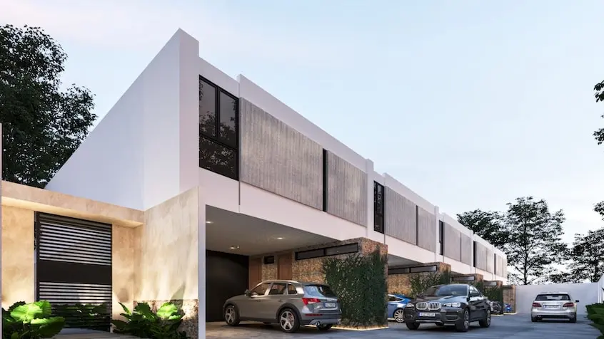 Perspectiva de las fachadas de casas en Albare Temozon Norte Mérida