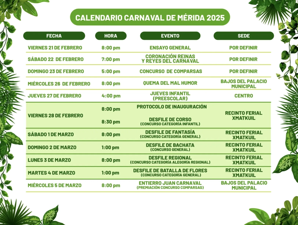 Calendrier du Carnaval de Mérida et du Yucatan 2025