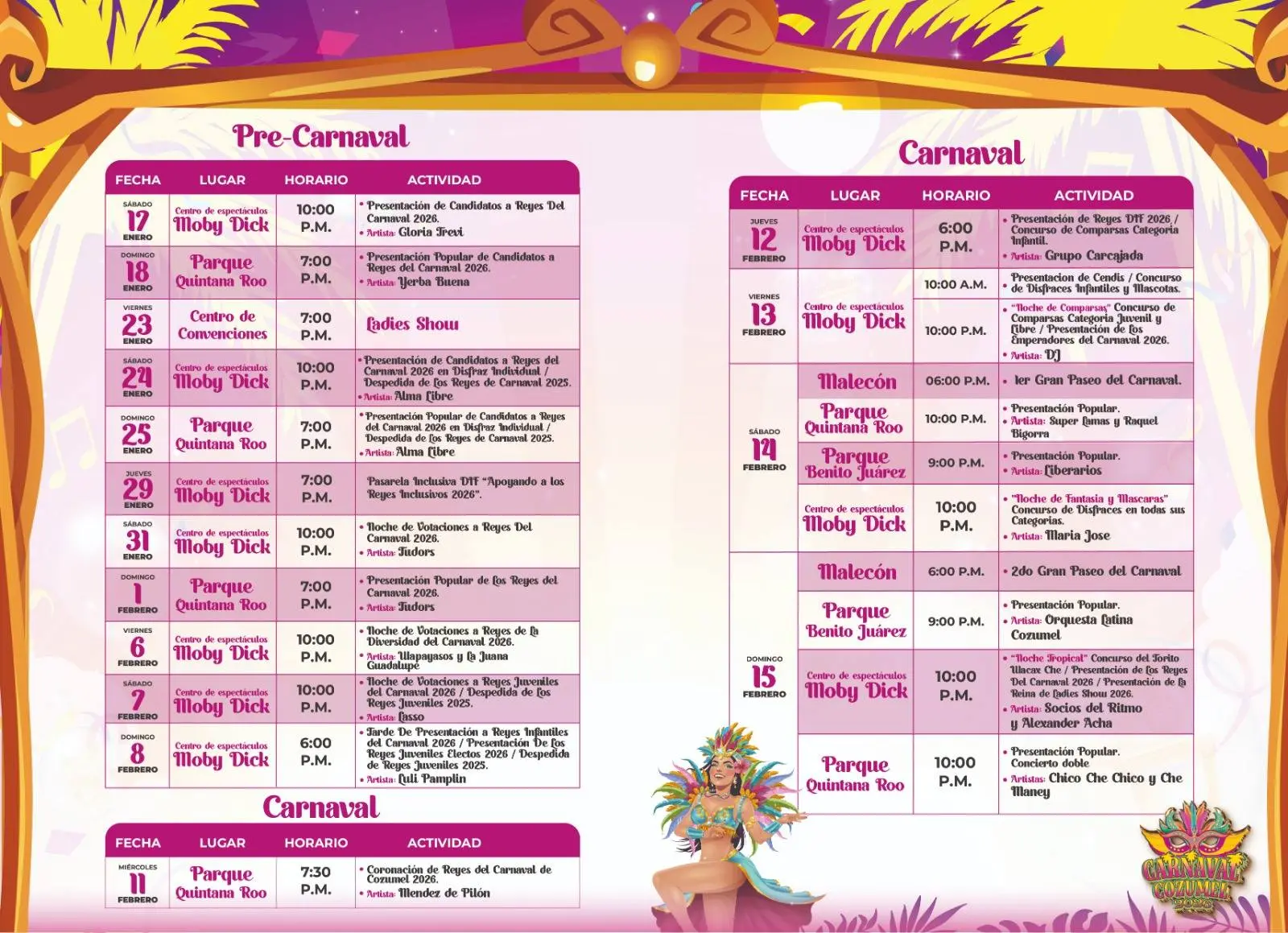 Cartelera artística principal del Carnaval Cozumel 2026