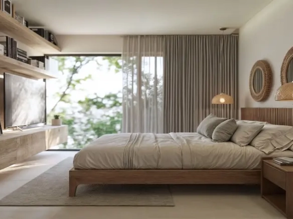 Un dormitorio con cama y tv en Macondo Punta Esmeralda Playa del Carmen