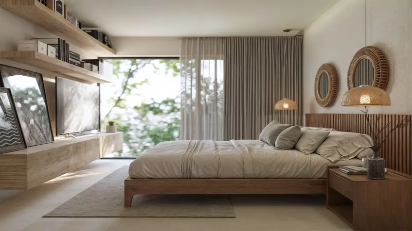 Un dormitorio con cama y tv en Macondo Punta Esmeralda Playa del Carmen