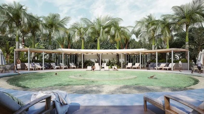 Area comun con terraza y alberca en Selvamia Xpu Ha Beach
