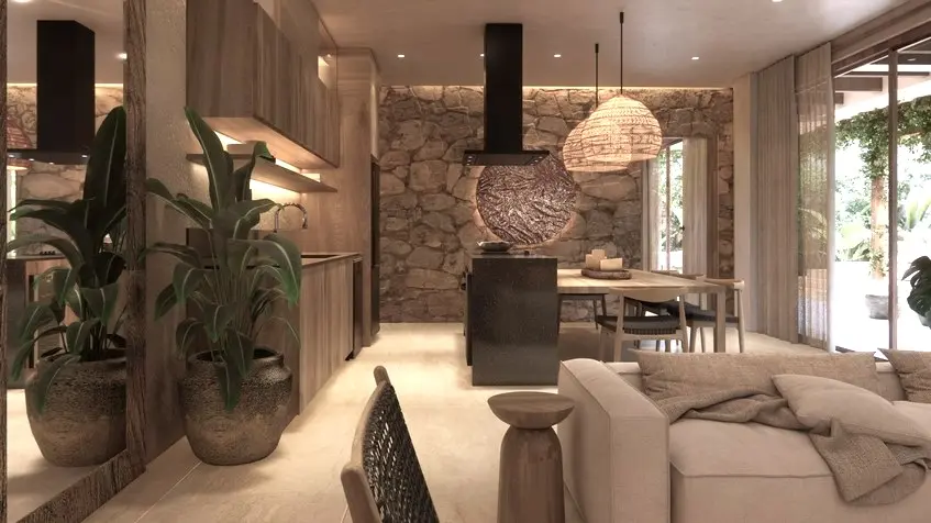 Maison avec salle à manger et cuisine à Ekab Tulum