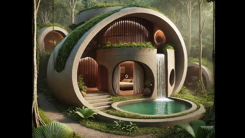 Façade de la maison modèle de l'eau à Quinto Elemento Tulum