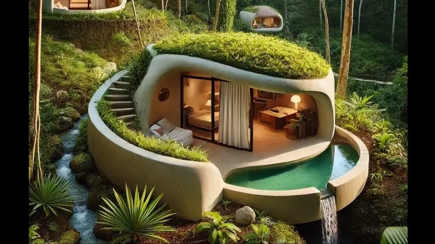 Une maison avec piscine et pelouse sur le terrain à Quinto Elemento Tulum
