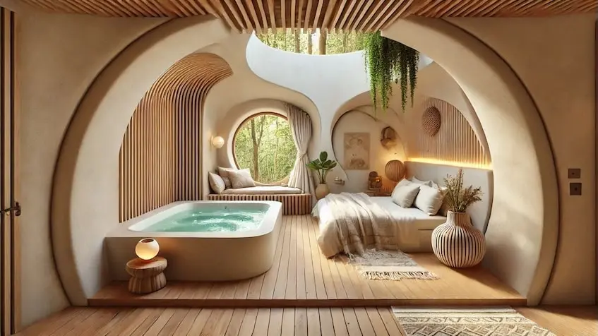 Une chambre avec jacuzzi et lit à Quinto Elemento Tulum