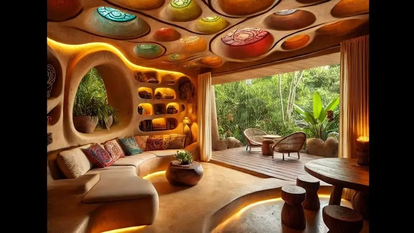 Une chambre avec un grand plafond rond et une grande fenêtre à Quinto Elemento Tulum