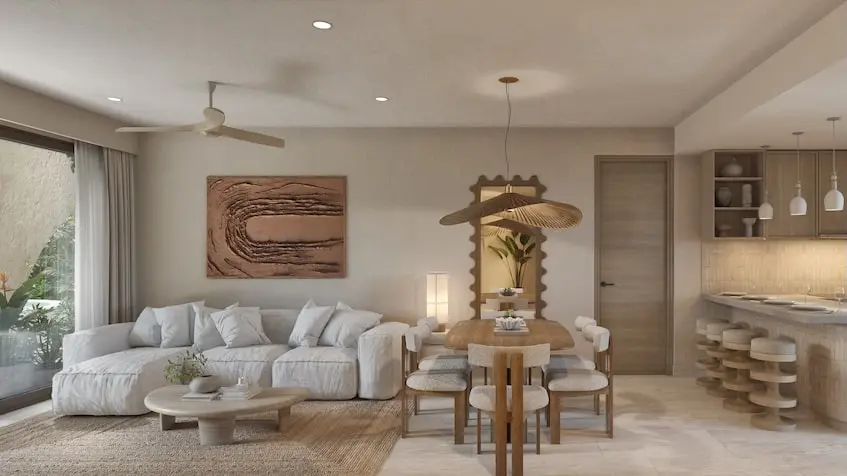 Intérieur salle à manger avec salon à Vernal Mirador Tulum