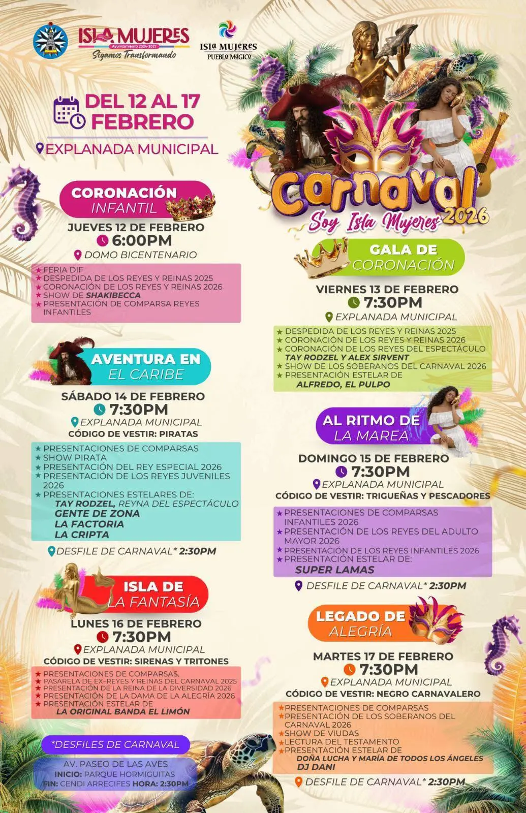 Artistic lineup of the Isla Mujeres Carnival 2026 – Island Zone