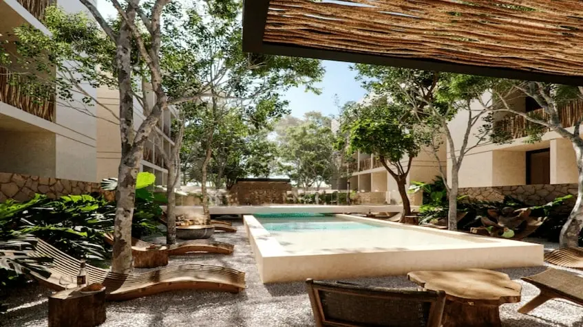 Camastros con alberca en Baktun Tulum