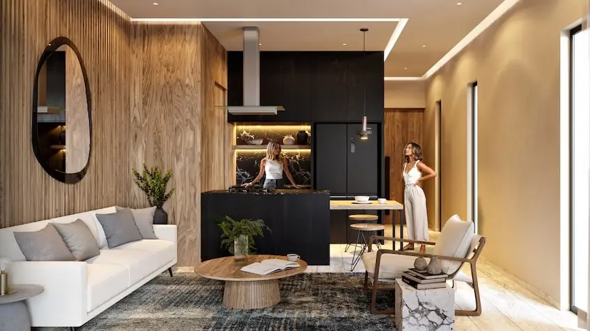 Kitchen with living room in Belle Ame Torre Playa del Carmen