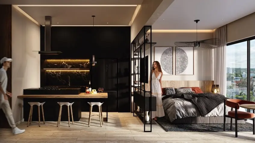 Interior of a studio apartment at Belle Ame Torre Playa del Carmen