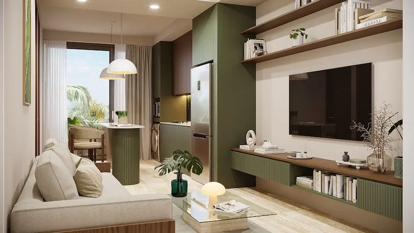 A living room with dining room at Encanto de Playa del Carmen