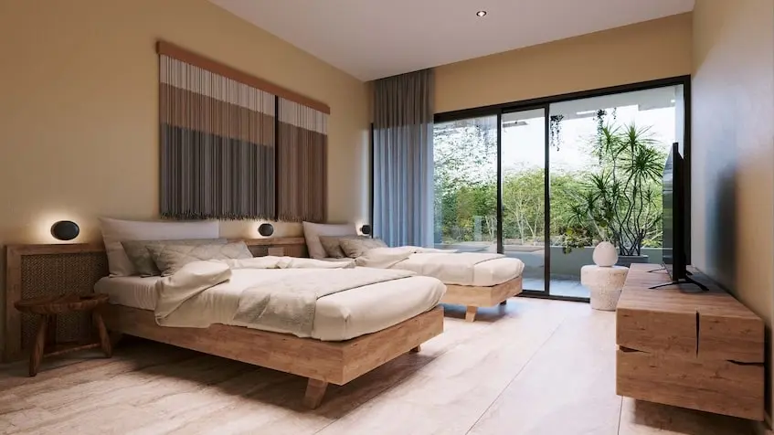 Interior de una recámara en Casa Itzamná mayakoba en Playa del Carmen