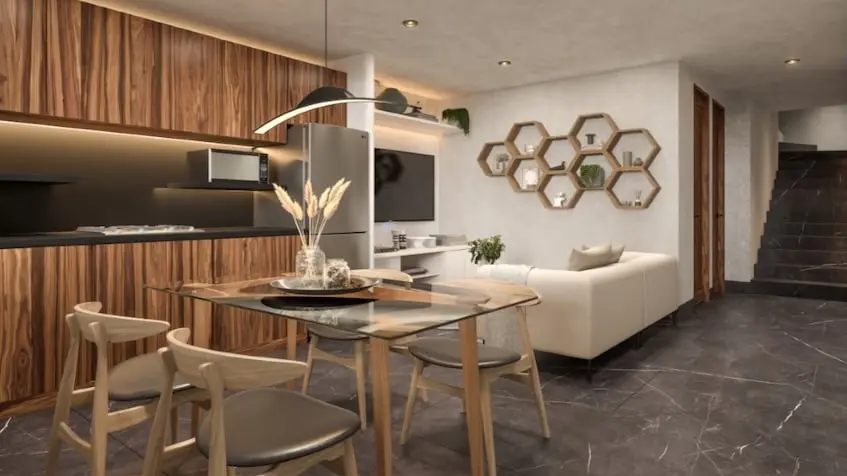 Sala y cocina en un departameto de dos recámaras en Regina Black Tulum