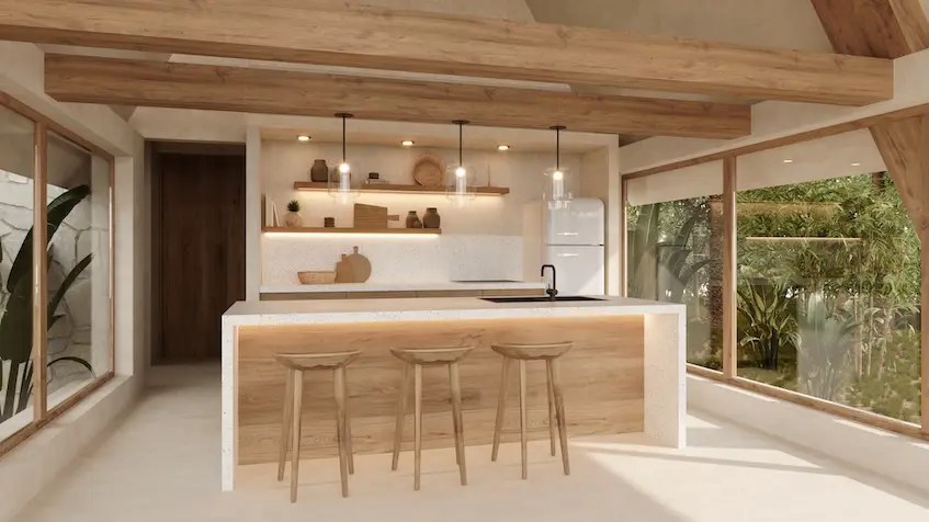 Cocina madera isla en Mayakana Residences Bacalar