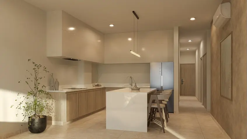 Interior cocina en Ocean Towers Cancun