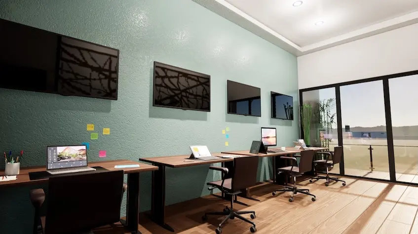 Coworking moderno mesas y pantallas en Residencial Sense en Cancun