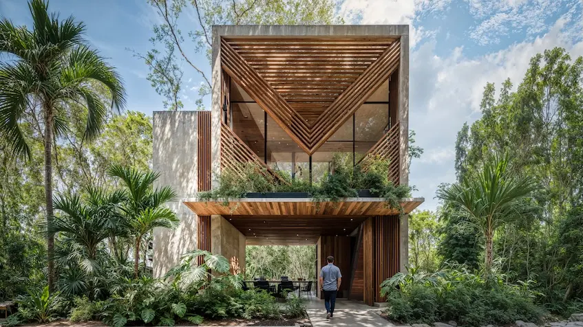 Fachada villa moderna en Mayakana Residences Bacalar