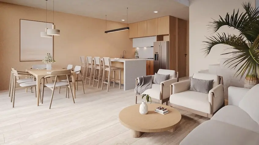 Interior sala y comedor en Nubba Residencial Playa del Carmen